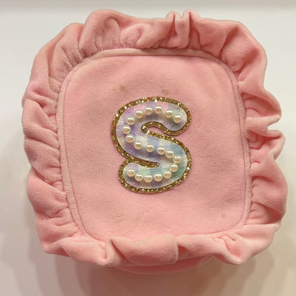 Stoney Clover Ln Pink Ruffled Pouch with Pearl Letter S